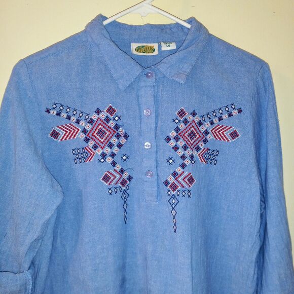 Collections Etc Large Aztec Embroidered Chambray Popover Blouse-Roll Tab Sleeve - Picture 3 of 9